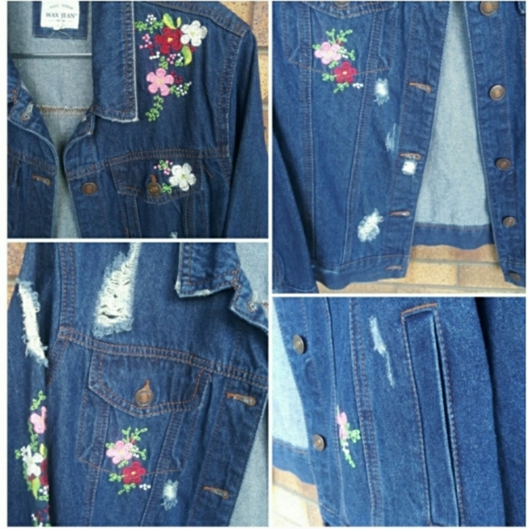 Wax Jean Distressed Denim Jacket embroidered  S - Picture 5 of 8